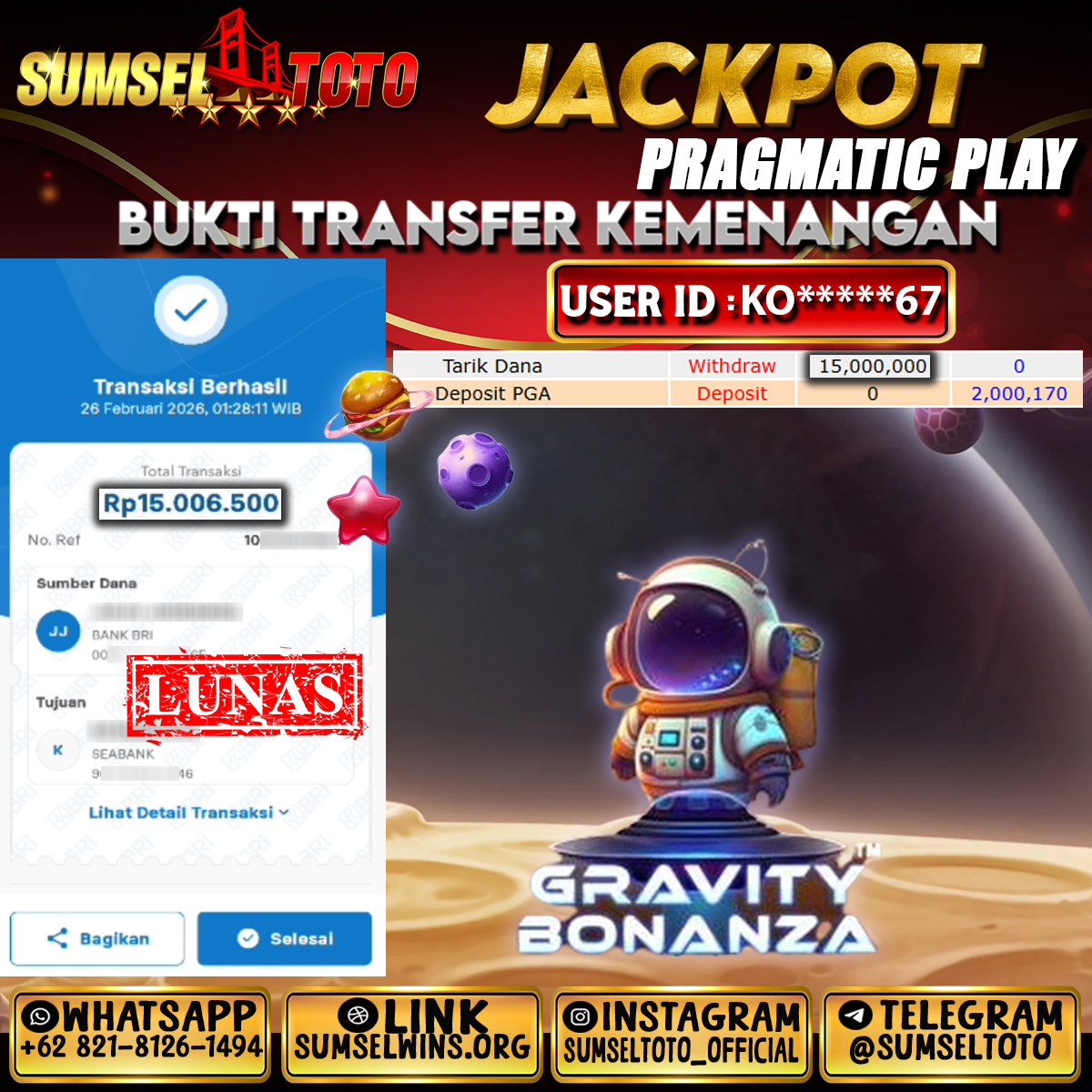 SUMSELTOTO JACKPOT GRAFITY BONANZA Rp.15,000,000.,- LUNAS